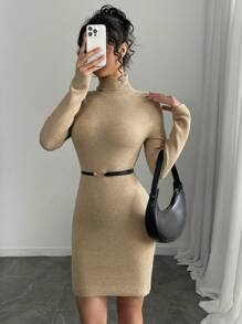 SHEIN Unity 纯色保暖内衬高领加厚毛衣连衣裙 - 駝色 - 查看 3