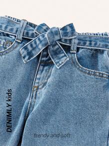 SHEIN Young Girl' Casual Versatile All-Match Cute Pearl Decor Washed Drawstring Waist Jeans, Suitable For Everyday And Party Wear - Light Wash - View 4