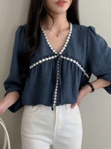 DAZY Women's Color Block Lace Trim Loose Long Sleeve Drawstring V-Neck Vacation Blouse Top,Fall Clothes - Blue - View 4