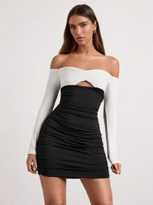 Glamine Black /White Color Off The Shoulder Hollow Out Long Sleeve Dress,Dinner Dress,Date Night Outfits,Masquerade Ball Dress,Women Holiday Party Dress,Valentine's Day Dress Fall Cloth For Women