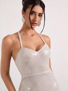 Glamine Women's Elegant Slim Fit Spaghetti Strap Backless Dress, Minimalist Design - Apricot - View 6