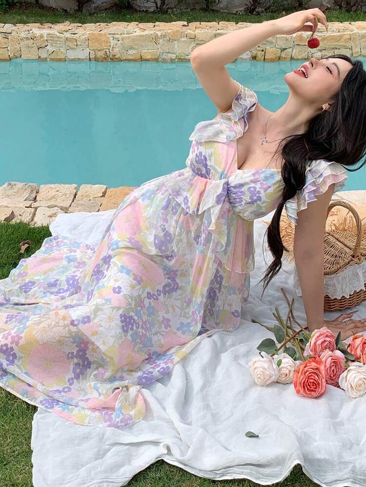 Women's Mid-Length Floral Print Cap Sleeve Mesh Dress Vacation Outfits Women Easter Maxi Dress Boho
