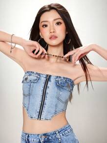 SHEIN EZwear 女士紧身弹力短款蓝色牛仔衬衫 - 中等水洗藍 - 查看 5