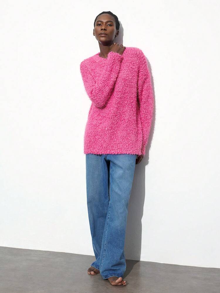 SHEIN Maija Women's Fuschia Casual, Versatile Knitted Loose Drop Shoulder Crew Neck Sweater, Elegant And Comfortable, Suitable For Spring Hippie