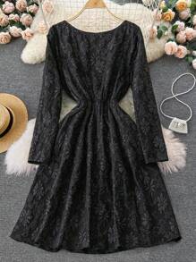 SHEIN LUNE Plus Size Square Neck Textured Knit Pearl Decor Elegant Long Sleeve Dress Fall Cloth For Women