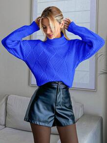 EURMUSE Women Solid Color Diamond Pattern Turtleneck Pullover - Blue - View 2