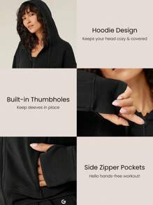 GLOWMODE Modal Fleece Power Zip Side Pockets Hoodie Long Sleeve Sweater With Thumbholes Daily Casual - Black - View 3