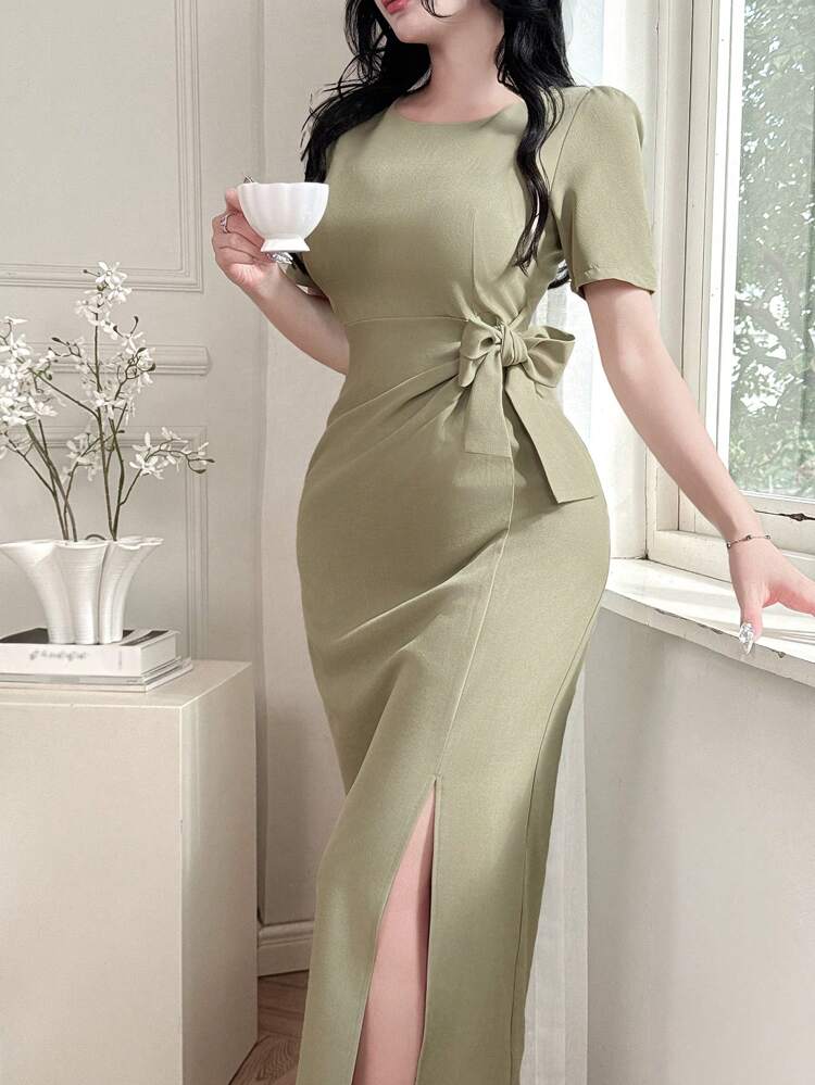 Summer Commuter Dress For Women With Bow Decor And Front Slit Pleats Sundress Maxi Dress