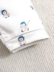 SHEIN Bộ đồ ngủ liền thân in họa tiết chim cánh cụt cho trẻ sơ sinh và bé trai 2 món - Màu be - Xem 3