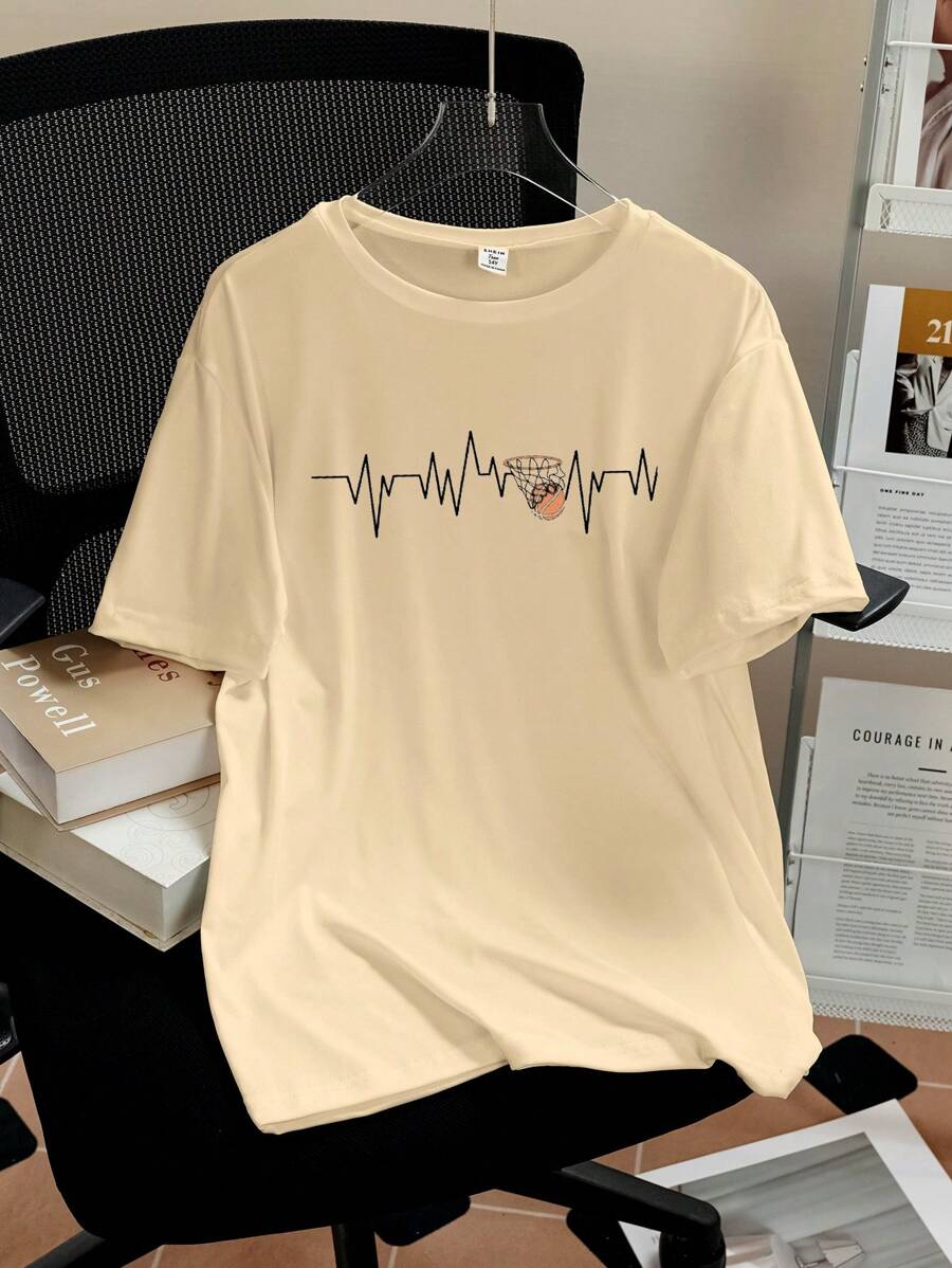 Tween Boy Basketball Print Round Neck Loose Casual Short Sleeve T-Shirt