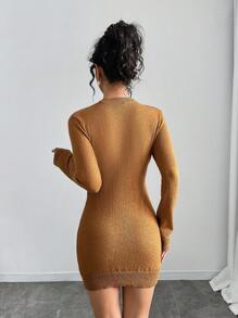 INAWLY Vestido de punto ajustado con botones delanteros de unicolor, diseño casual y minimalista, apto para otoño/invierno