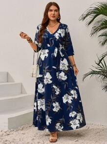 EMERY ROSE Vestido casual de manga larga con escote en V y estampado floral para tallas grandes - Azul Marino - Ver 5