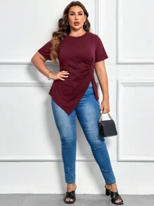 SHEIN LUNE Plus Size Casual Solid Color Ruched Asymmetric Hem Loose T-Shirt - Maroon - View 3