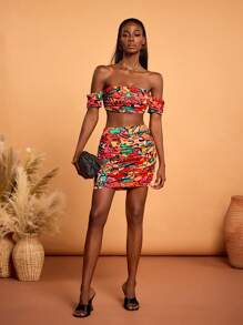 Sylvia Mollie Designer Boho Bohemian Women's Multicolor Spring Summer Colorful Floral Print Ruffled Cropped Bandeau Off Shoulder Top Holiday Party, Vacation, Going Out, Festival, Ibiza Fits
