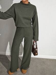 EURMUSE Rib Knit Green Top And Pants Set - Army Green - View 9