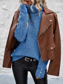 SHEIN Clasi Women's Casual High Neck Long Sleeve Button Up Sweater Pullover Knit Pullover Fall Winter Sweater - Blue - View 4