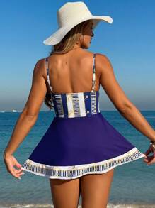 Swim Lushoire 2 Pieces Fashionable Drawstring Tie Contrast Splicing Women's Summer Tankini Bikini Set (Purchased Copyright) - Multicolor - View 2