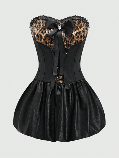 Grunge Punk Sexy Leopard Print Sequin Patchwork PU Leather Bustier Mini Dress