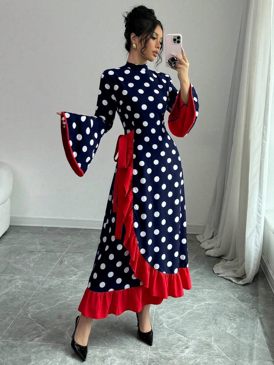 Chiquease Elegant Polka Dot Patchwork Ruffle Hem Long Sleeve Dress, Fashion - Blue - View 1