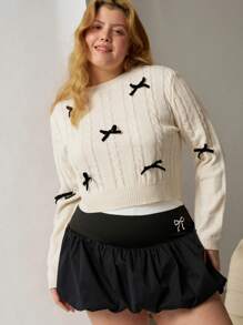 SHEIN EZwear 大码蝴蝶结和复古甜美圆领套头毛衣 - 米色 - 查看 4