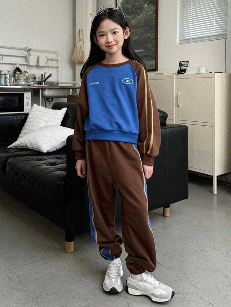 2pcs Girls Knitted Color Block Raglan Sleeve Long Sleeve Sweatshirt + Sweatpants Sets, Spring,Back To School Clothes