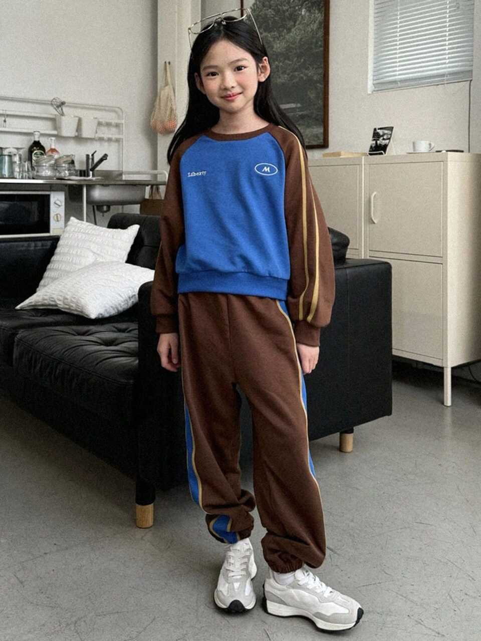 2pcs Girls Knitted Color Block Raglan Sleeve Long Sleeve Sweatshirt + Sweatpants Sets, Spring,Back To School Clothes