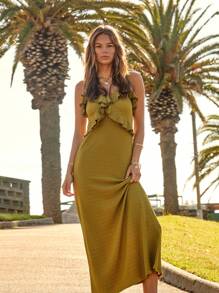 Fall / Winter Elegant Ruffled Front Crinkle Textured Fabric Chic Olive Green Cascading Ruffle Flowy Boho Country Style Wedding Guest Maxi Dress - Army Green - View 1