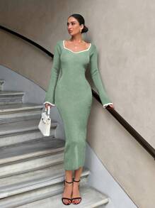 EURMUSE Vestido con cuello palabra de honor, mangas raglán y ribete de contraste - verde menta - Ver 3