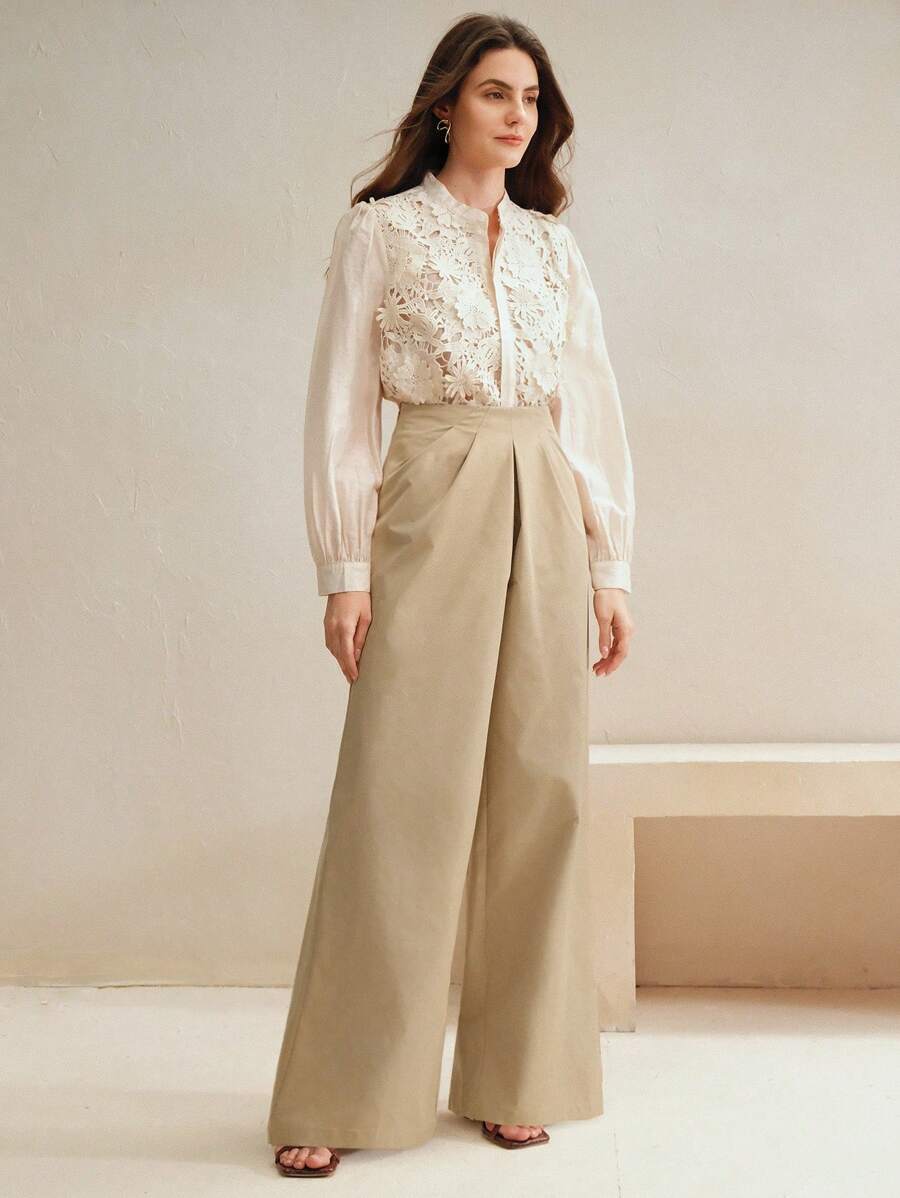 Anewsta Women's Fashionable Commuter Elegant Wide Leg Solid Color Pants - Khaki - View 1