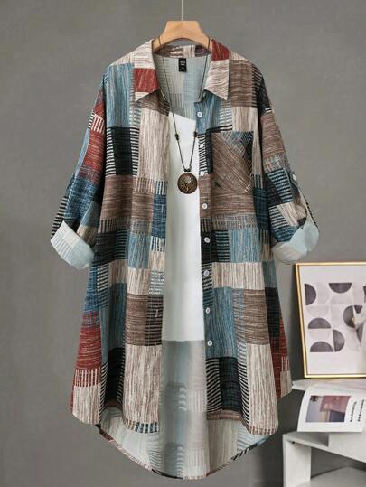 Linhara Women Plus Size Linen Plaid Lapel Long Sleeve Casual Shirt