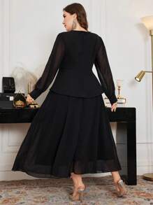 Modelyn Plus Size Women Asymmetrical Collar Mesh Long Sleeve Shirt And A-Line Skirt Elegant 2 Pieces Set