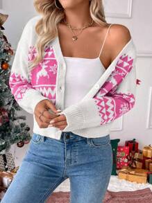 Chiquease Suéter de Cardigan de Manga Larga con Cuello en V y Hombros Caídos, de Punto con Diseño de Renos Navideños