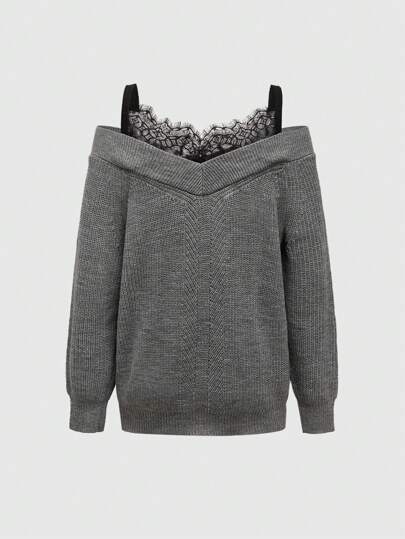 Pull ample à épaules dénudées en dentelle contrastée, élégant et sexy, pour femmes
