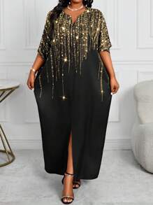 SHEIN Lady Spring And Summer Autumn And Winter Elegant Black Woven Notched Wrap Straight Cloak Sleeve Kaftan Dress Long Plus Size Dresses