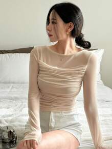 DAZY Valentine's Day Layered Ruched Mesh Women T-Shirt