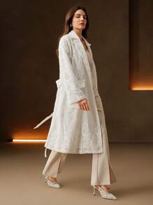 Anewsta Women's Elegant Solid Color Lace Pocket Design Trench Coat - Beige - View 3