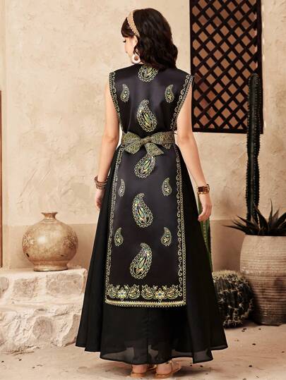 SHEIN 少女奢华金丝带长款开衫和黑色 A 字型乔其纱连衣裙两件套，适合春夏秋冬