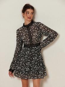 Revavyn 复古优雅碎花透明雪纺荷叶边泡泡袖收腰性感迷你连衣裙，情人节，春季女士 - 彩色 - 查看 5