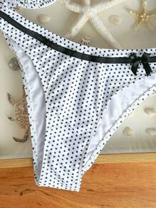 SHEIN Swim Women's Summer Polka Dot Print Underwire Butterfly Accent Spaghetti Strap Bikini Swimwear, Bathing Suit - Black and White - View 4