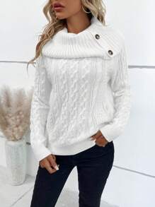 SHEIN Clasi Women Plain Button Long Sleeve Casual, Everyday Wear Knit Pullover Fall Winter Sweater - White - View 4