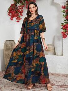 Lacomfia Crew Neck Short Sleeve Pleated Minimalist Maxi Arabic Style Casual Dress,Modest - Multicolor - View 6