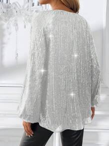 EMERY ROSE 女士圆领长袖宽松奢华亮片派对衬衫 - 銀色 - 查看 2