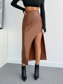 EURMUSE Fusta minimalistă cu crestătură pentru femei, ținută ocazională de zi cu zi - Maro ciocolata - Vizualizare 1