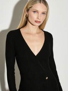 AiiRZ V Neck Ribbed Wrap Midi Dress - Black - View 4