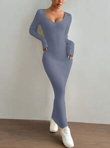 Lunelith SHEIN Lunessa Autumn Winter Casual Solid Color V-Neck Form-Fitting Maxi Sweater Dress