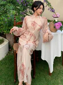 DAZY Bata de mujer de manga farol con estampado floral de gasa, para vacaciones, de primavera/verano