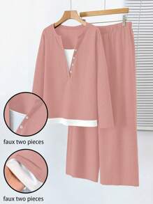 SHEIN LUNE 大码拼色拼接休闲二合一服装，长袖上衣和裤子套装 - 藕粉色 - 查看 1