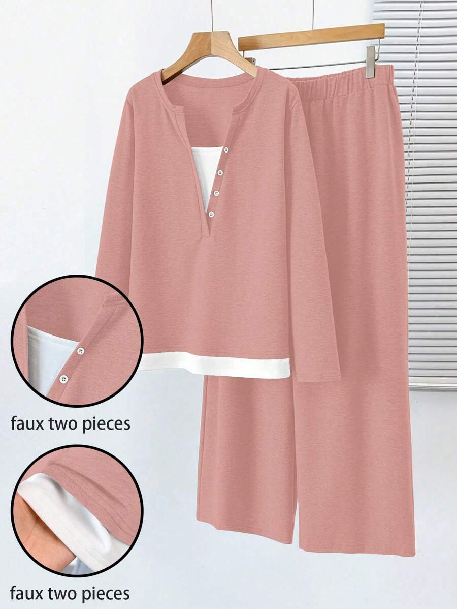 SHEIN LUNE Plus Size Colorblock Splice Casual 2 In 1 Outfit, Long Sleeve Top And Pants Set Fall Cloth For Women - Dusty Pink - View 1
