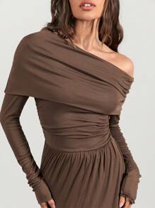 Glamine Women's Asymmetric Hem Ruched Slit Bodycon Evening Party Dress Fall Cloth For Women - Brown - View 6