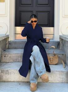 SHEIN Unity 女款大翻领浅灰色腰带长款毛呢大衣